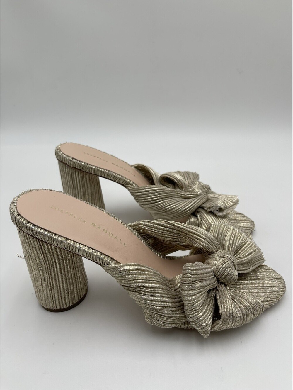 Women’s Loeffler Randall Penny Pleated Bow Mules in gold lamé fabric Size 8B